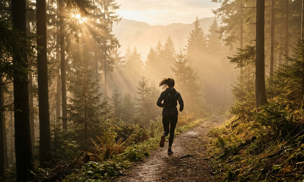 L&auml;ufer im Morgenlicht auf einem Waldweg